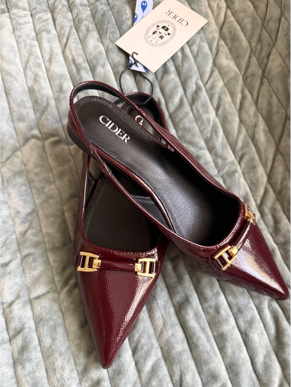 Cider Women's Burgundy Patent Leather Pointed Toe Slingback Flats with Gold Buck